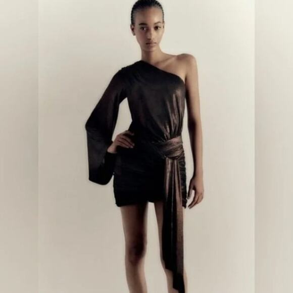 Zara Metallic Bronze Asymmetric Ruched Bodycon Mini Dress Size Large - Picture 3 of 11